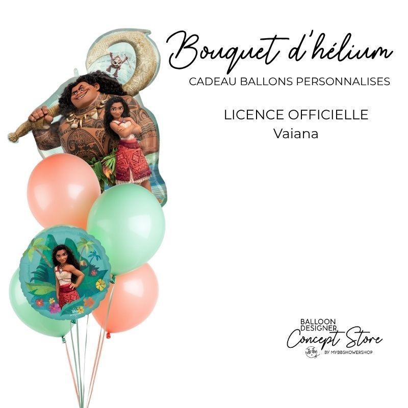 Bouquet de ballons personnalisé thème Vaiana – Ballons mint & corail biodégradables & aluminium